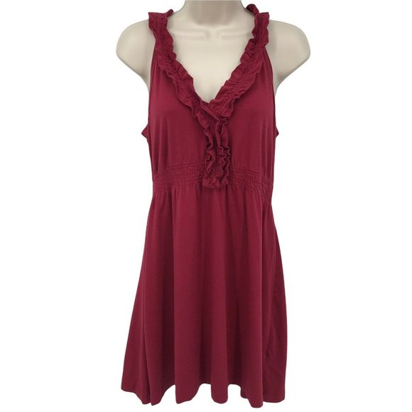 Banana Republic Womens Sleeveless V Neck Ruffle Knit Maroon A Line Dress Size PM - Picture 1 of 7